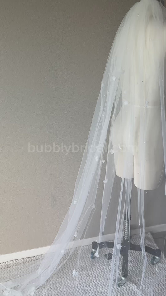 Scattered Organza Floral and Pearl Cathedral Veil